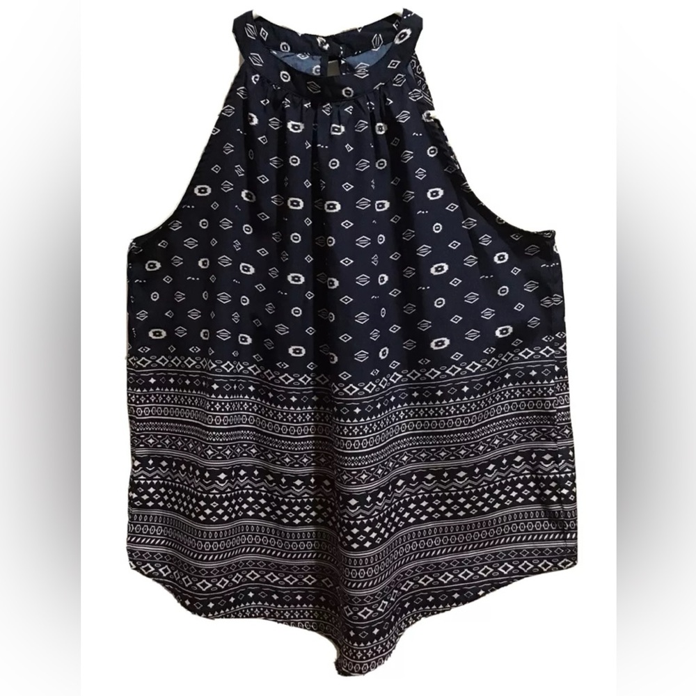 Life Style Women’s High-Neck Halter Top Blouse Navy Blue White